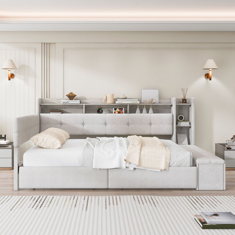 Merax Upholstery Daybed with Storage Footstool and Shelves,with Two Drawers image number 3