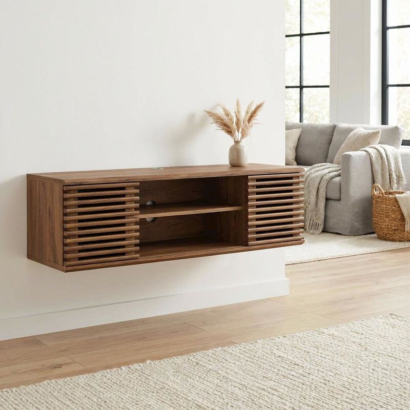 Wooden brown wall-mount TV console with sleek design and sturdy build image number 4