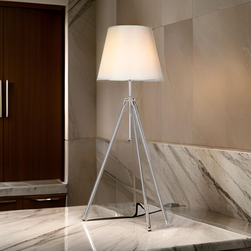 66 Inch Floor Lamp with White Drum Shade, Modern Chrome Metal Tripod Base - Benzara