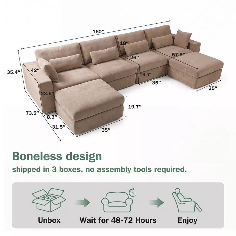 Vipbear 160" Oversized U Shaped Cloud Sectional Sofa Boneless Modular Couch with Movable Ottoman image number 1