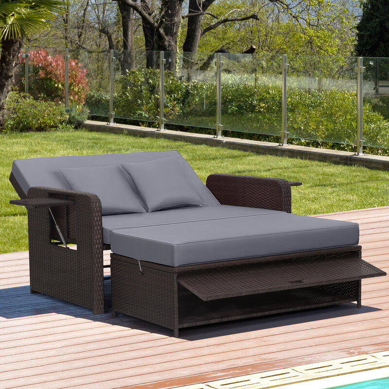 Patio Rattan Daybed with 4-Level Adjustable Backrest and Retractable Side Tray