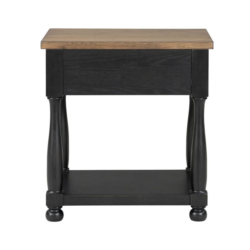 Ginie Nightstand, USB Ports and Drawer, Shelf, Black Rustic Oak Wood