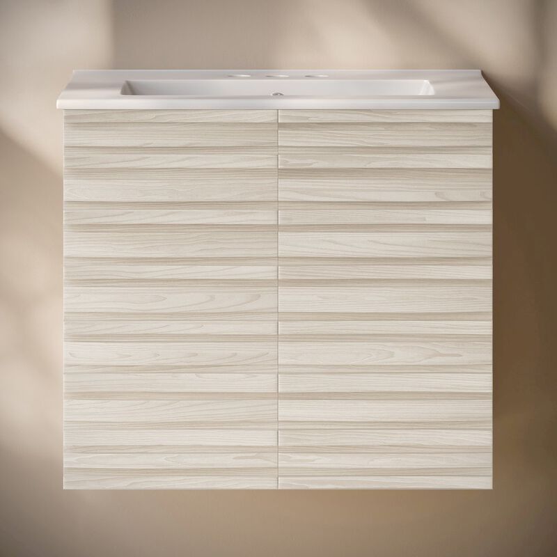 24" Wall-Mounted Bathroom Vanity in White Oak with 3-Hole Centerset Sink Top image number 5