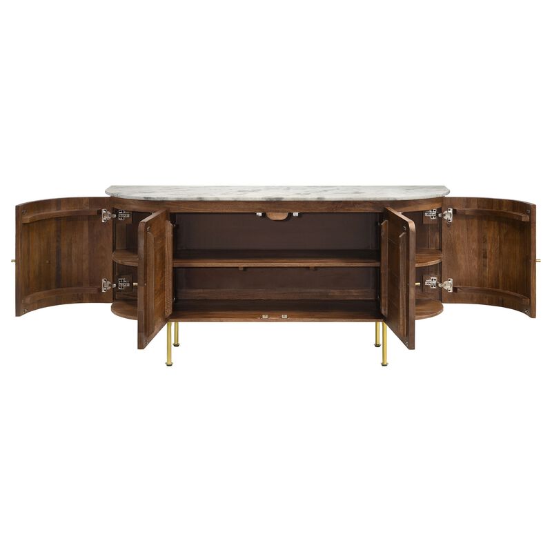 Evi 63 Inch Dining Sideboard Server, White Curved Marble Top, Brown, Brass image number 3