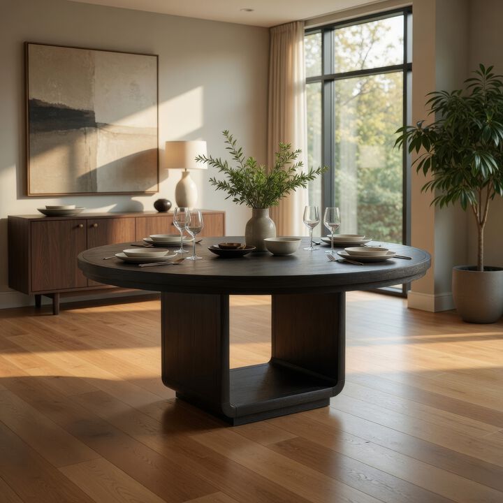 Lina Dining Table, 60 Inch Round Top, Open Square Base, Burnished Black