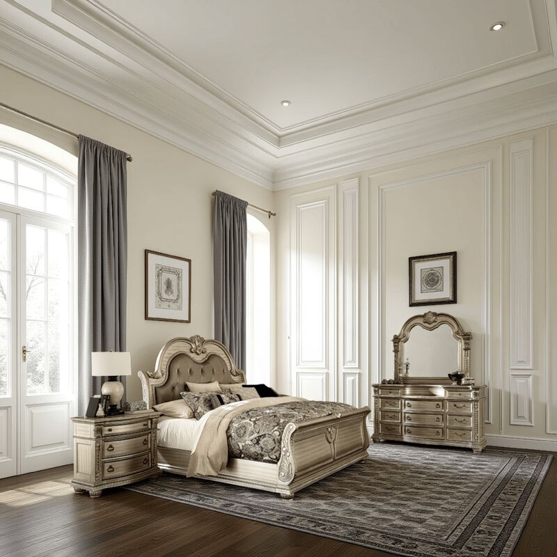 Caitlin Four Pc Queen Bedroom Set, Tufted Faux Leather Headboard, Marble Tops, Silver - Benzara