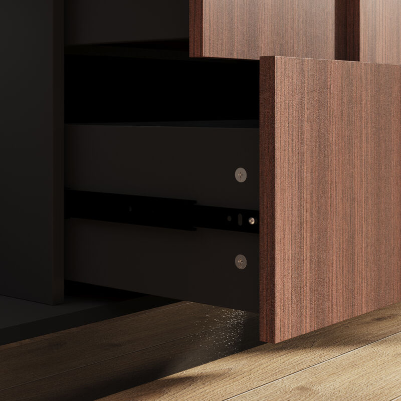 FUFU&GAGA High‑Gloss Black and Brown Wood Grain Cabinet with Sliding Power Socket Vertical Strip Accents 59.1''L x 15.4''W x 36''H