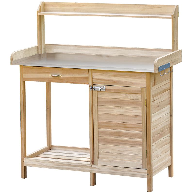 Potting Bench Table with Storage Cabinet and Open Shelf, Garden Planting Workstation with Steel Tabletop, Natural Wood