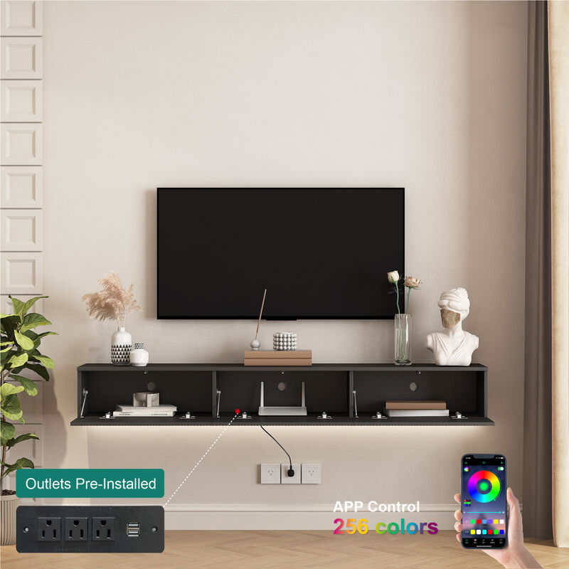 Streamdale Floating TV Stand with 16 LED Lights, 69'' Black TV Cabinet for 55-65'' TVs image number 5
