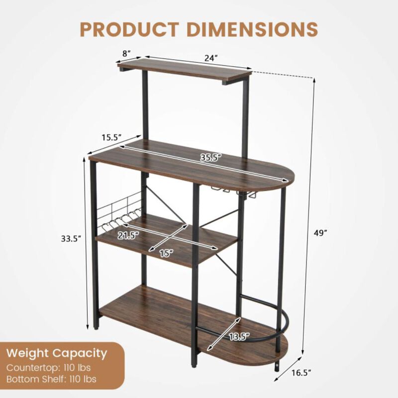 Hivvago 4-Tier Kitchen Bakers Rack with 6 S-Hooks and Stemware Racks-Rustic Brown