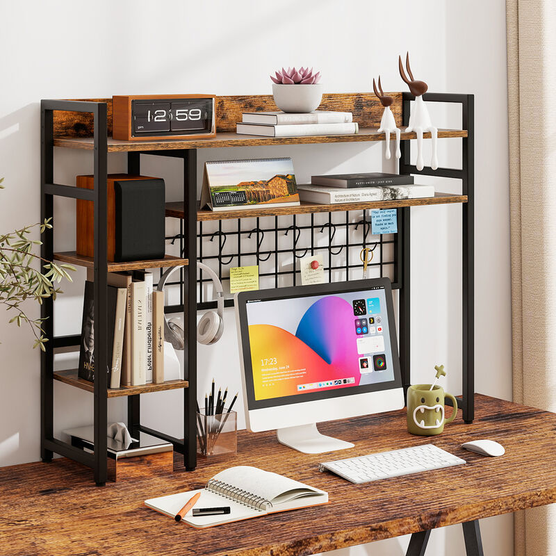 4-Tier Office Desk Shelf with Metal Grid Panel and Multiple Hooks image number 6