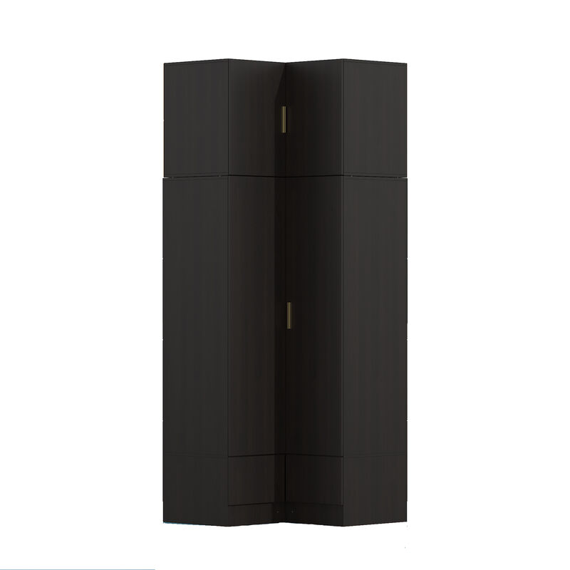 FUFU&GAGA PB Board Corner Storage Cabinet with 2 Drawers & Gold Handles, Space-Saving Design, Dark Brown Finish (35.4 in. W x 35.4 in. D x 94.5 in. H)