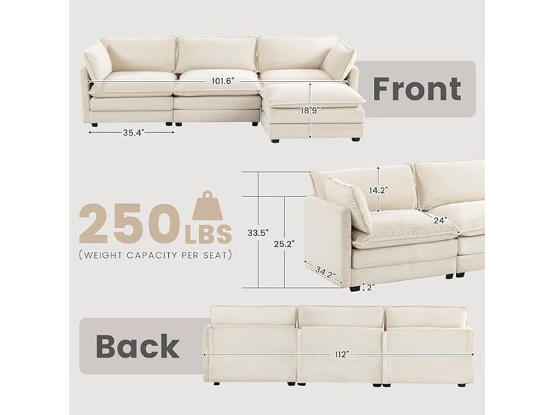 Sectional Sofa &ndash; 112" Beige Corduroy Modular 4‑Seat L‑Shaped Couch with Movable Ottoman image number 2