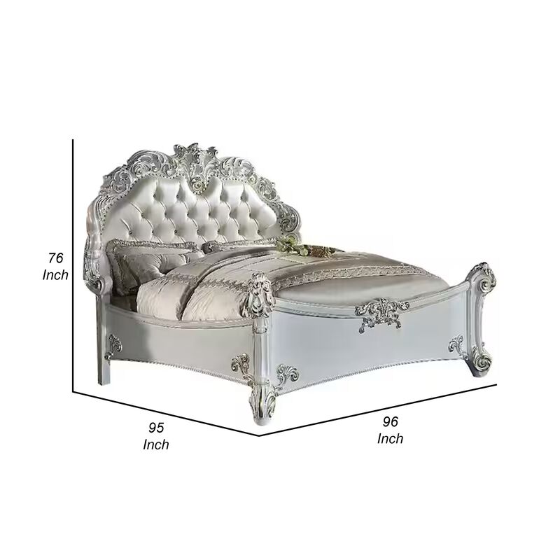 Antoine King Bed, Classical Style, White Faux Leather Victorian Carved