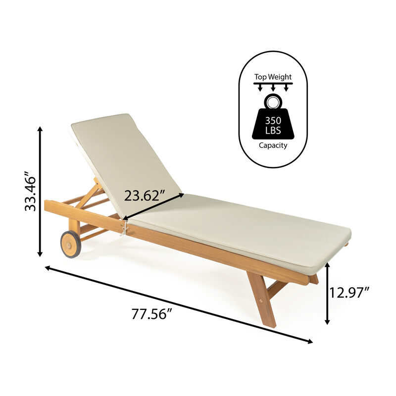 Mallorca Modern Classic Adjustable Acacia Wood Chaise Outdoor Lounge Chair with Cushion & Wheels image number 5