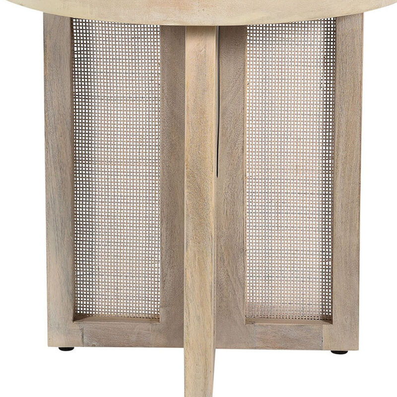 Hivvago 22 Inch Natural Solid Wood And Rattan Round End Table