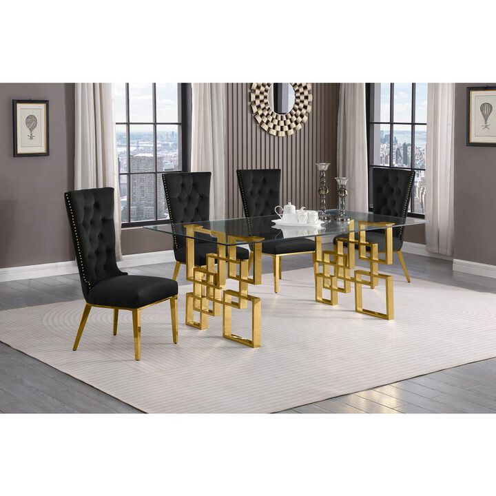 5-piece glam dining set with 4 black chairs and a 79" long glass  table
