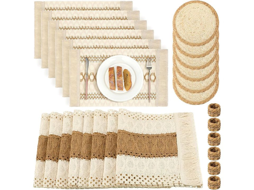 Boho Table Runner Placemat and Napkin Ring Set