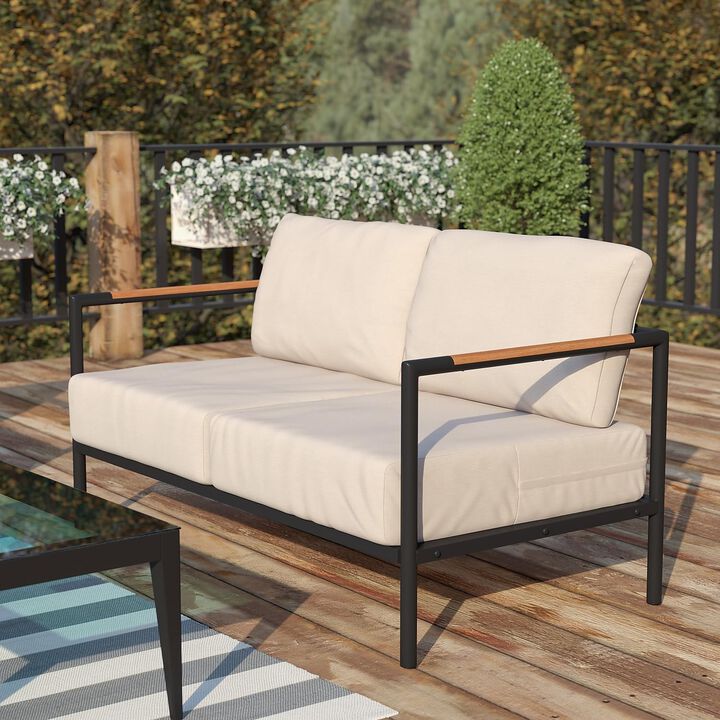 Flash Furniture Lea Indoor/Outdoor Patio Loveseat with Cushions-Modern Aluminum Framed Loveseat with Teak Accent Arms, Black with Beige Cushions