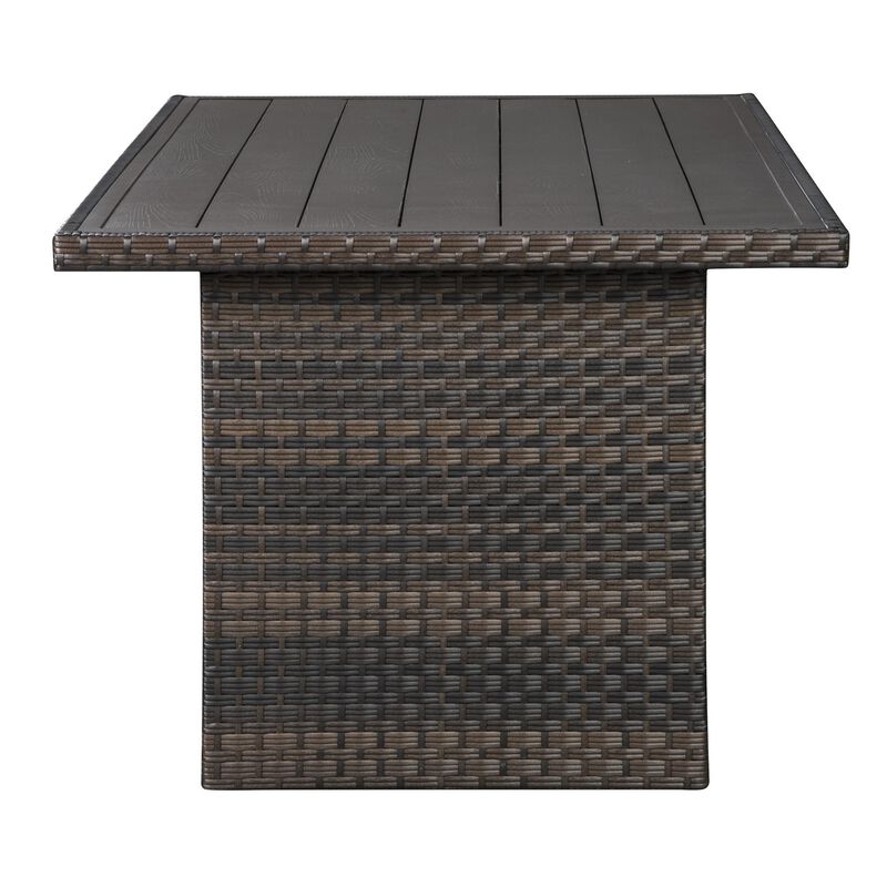 Rectangular Wicker Woven Aluminum Frame Table with Open Shelf, Dark Brown - Benzara