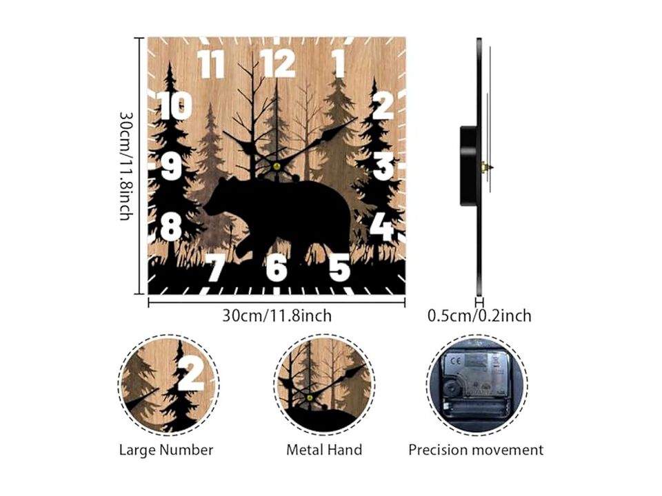 Bear Forest Wildlife Rustic Farmhouse Wall Clock 12 Inch Silent Non Ticking