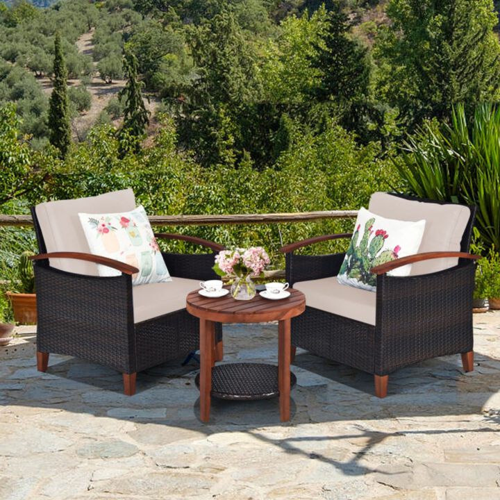 3 Pieces Patio Rattan Furniture Set with Washable Cushion and Acacia Wood Tabletop