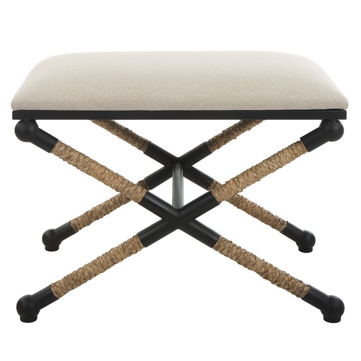 24 Inch Accent Stool, Cusioned Seat, Iron Black Frame, Off White Upholstery - Benzara