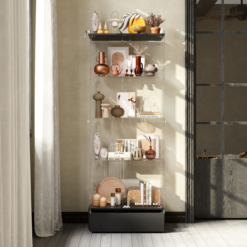 FUFU&GAGA Glass Display Cabinet with 4 Adjustable Shelves, Metal Base Drawer, (27.6" W x 13.8" D x 70.9" H), Black