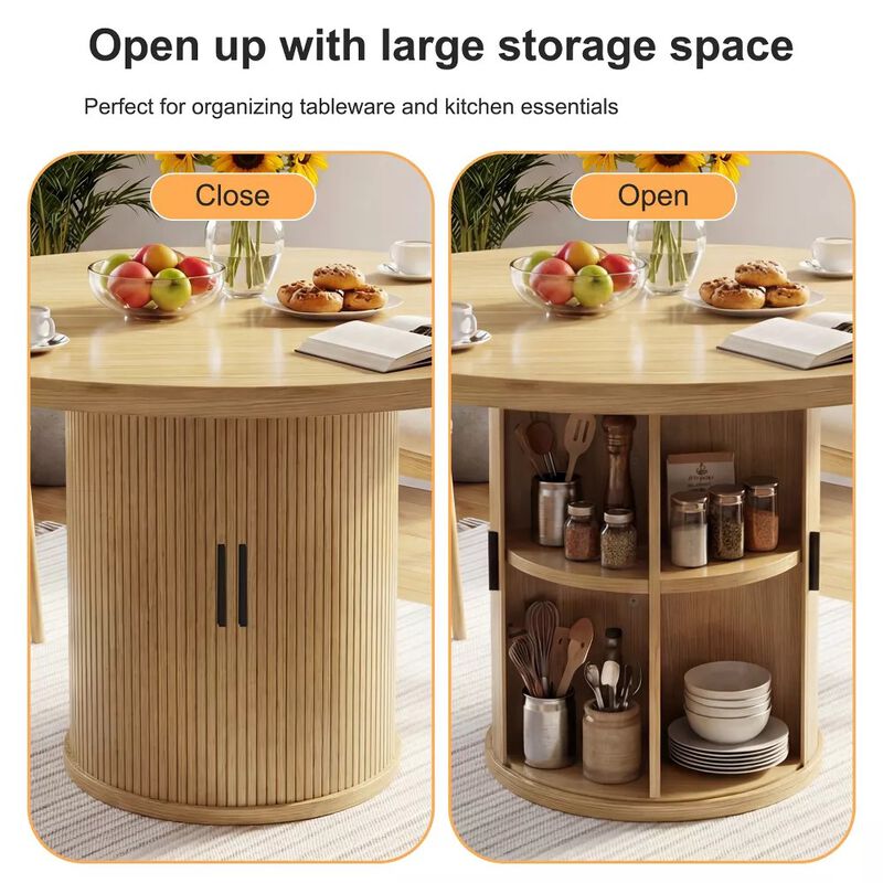 Vipbear 35.43" Round Dining Table for 4, Modern Wooden Kitchen Table with Built-in Storage Shelves image number 2