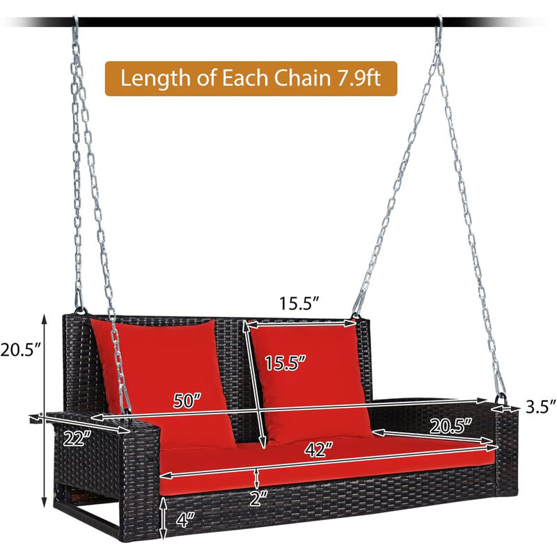 Mondawe 2-Person Wicker Hanging Porch Swing with 2 Back Cushions and 1 Seat Cushion