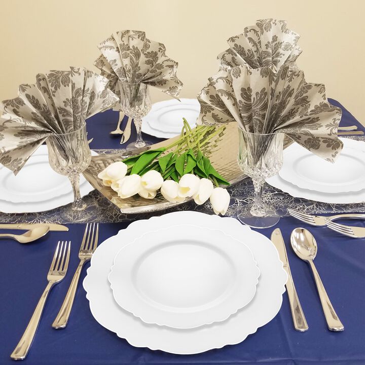 White with Silver Rim Round Blossom Plastic Wedding Value Set (30 Sets)