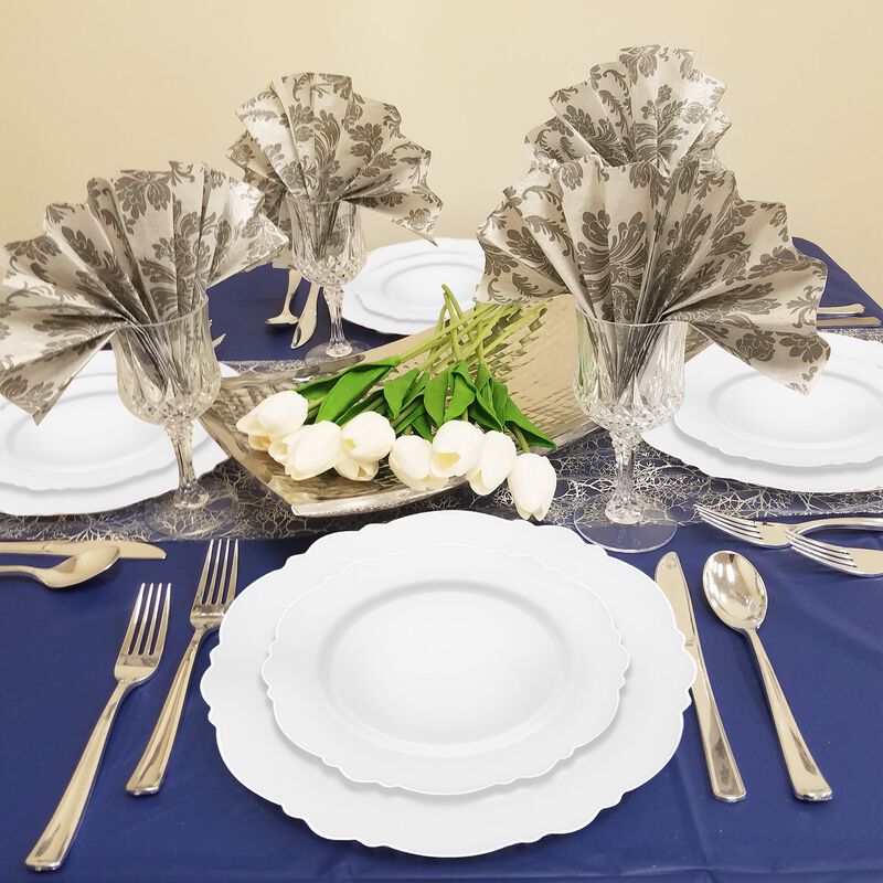 White with Silver Rim Round Blossom Plastic Wedding Value Set (30 Sets) image number 1