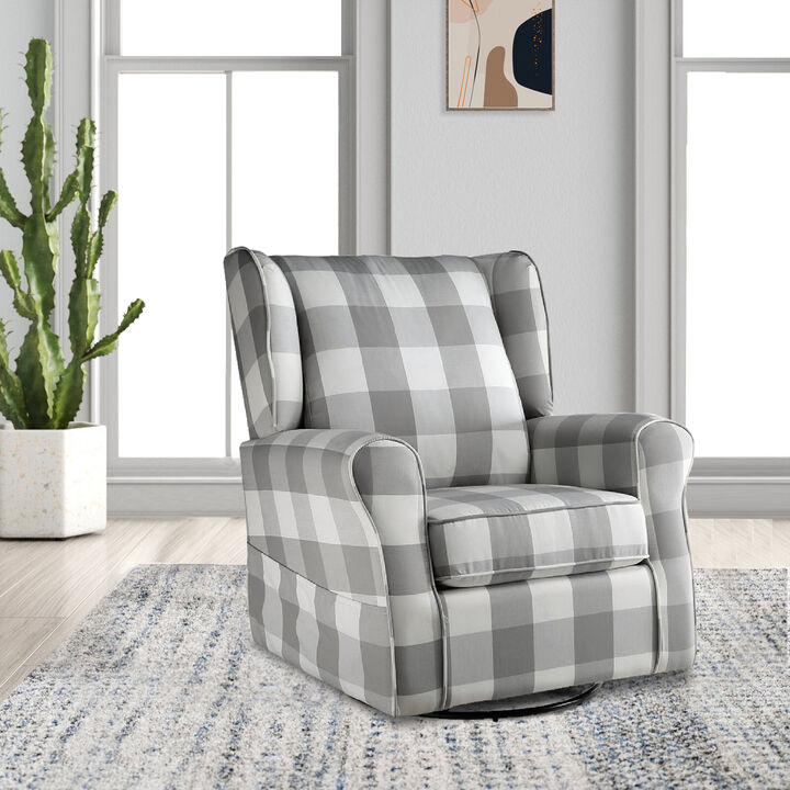 35 Inch Accent Swivel Chair, Glider, Checkered Fabric, Light Gray - Benzara