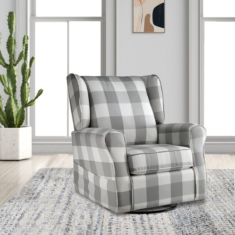 35 Inch Accent Swivel Chair, Glider, Checkered Fabric, Light Gray