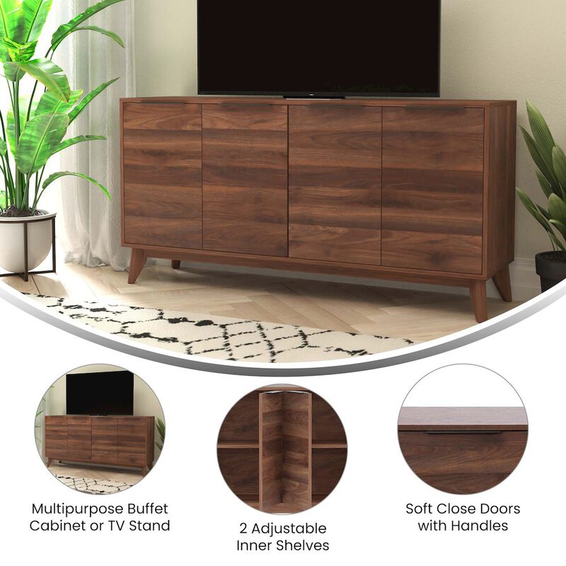 Flash Furniture 60 in 4 Door Storage Buffet Sideboard, TV Stand for up to 64" TV's, Dark Walnut image number 7
