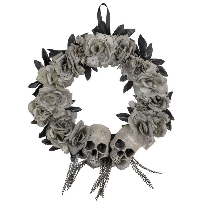 Double Skull and Gray Roses Halloween Wreath  16-Inch  Unlit