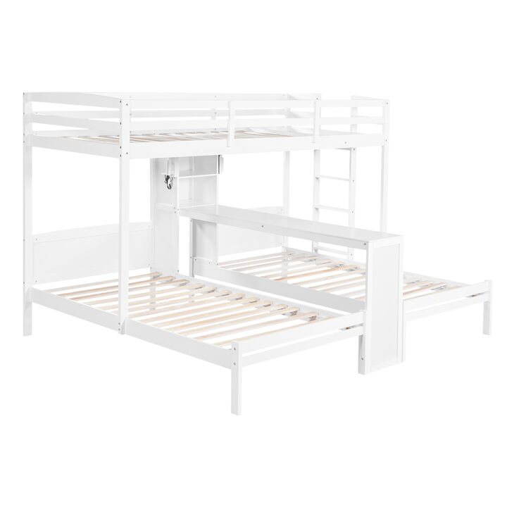 Merax Twin over Twin&Twin Bunk Bed with Built-in Desk and Storage Shelves