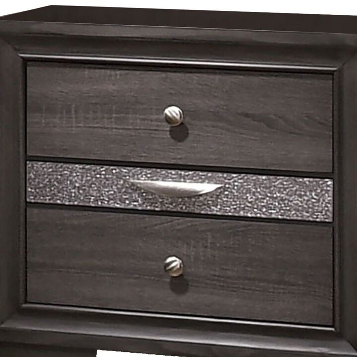 Wooden Nightstand with 2 Drawers and 1 Jewelry Drawer, Gray and Silver - Benzara