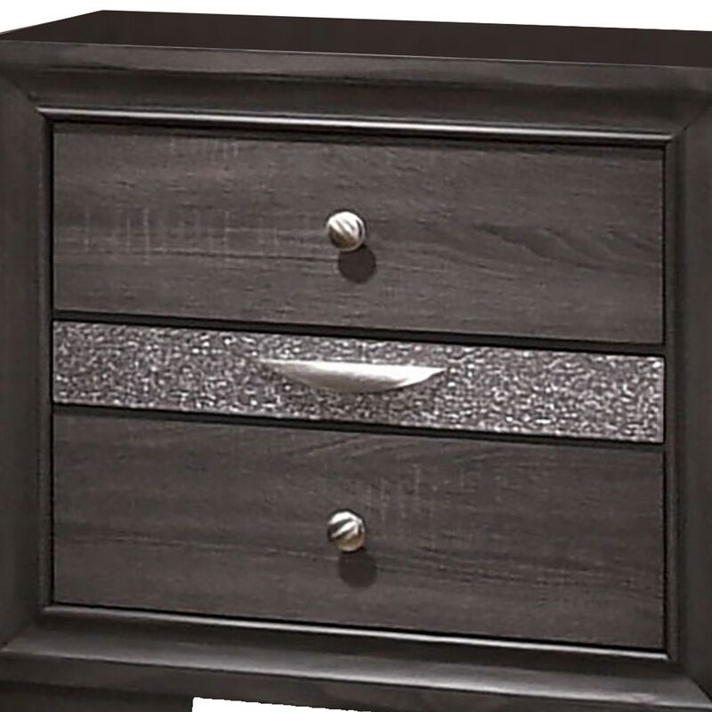 Wooden Nightstand with 2 Drawers and 1 Jewelry Drawer, Gray and Silver-Benzara