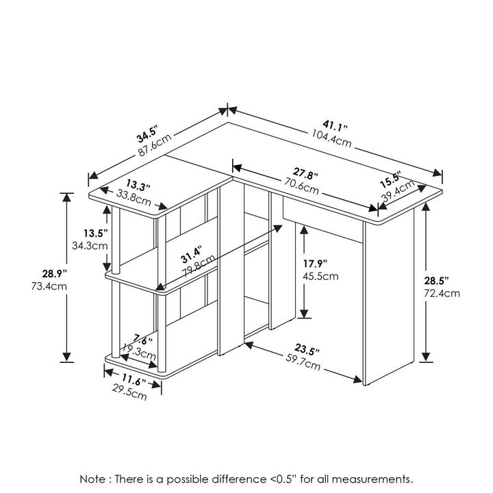 Furinno Abbott L-Shape Desk with Bookshelf, White Oak, Stainless Steel Tubes