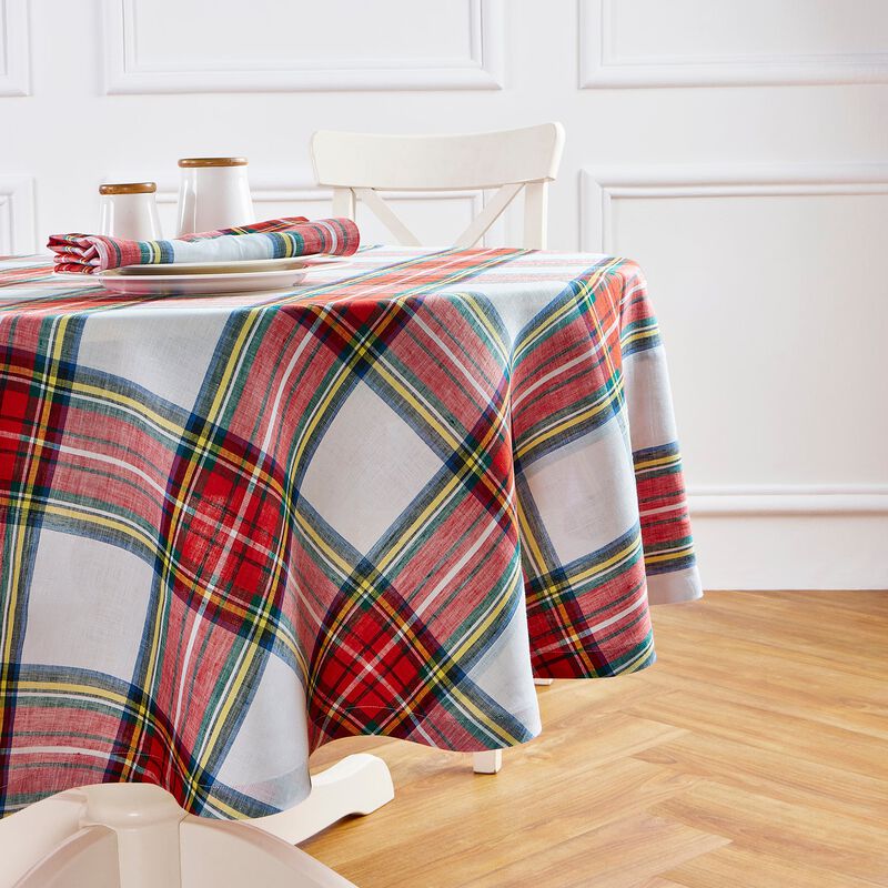 Christmas Linen Round Tablecloth - Stewart Plaid, Solino Home