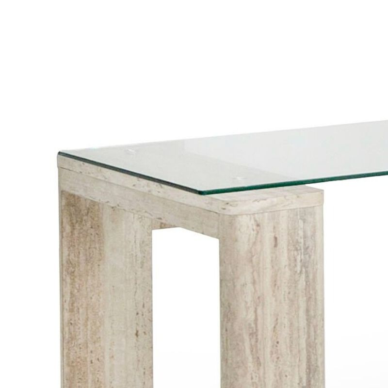 Noe Mali L Shaped Desk, Faux Travertine, 4 Shelves, 63 Inch Glass Top - Benzara image number 3