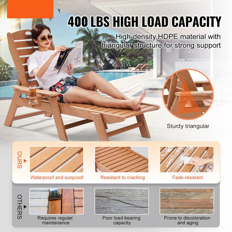 Outdoor Chaise Lounge Chair, 6-Position Adjustable HDPE Recliner with Cup Holder image number 5