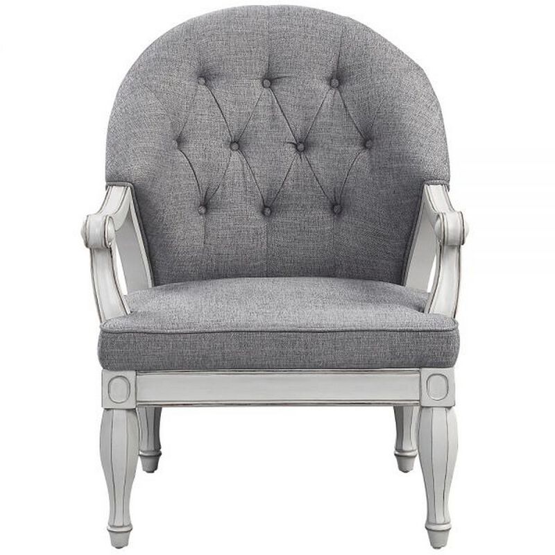 Fil 32 Inch Armchair, Tufted Backrest, Fabric Upholstery, Poplar Wood, Gray