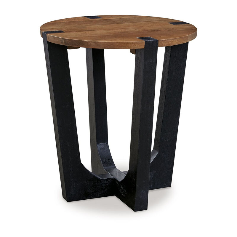 Leyi Round Side End Table, Black Angled Legs, 22 Inch Brown Mango Wood