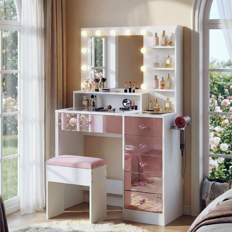 Whisen 37" Vanity Set with 11 Bulbs & 6 Drawers, Glass Top, USB Charging, MDF Dressing Table for Bedroom image number 7