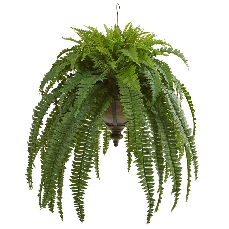 Nearly Natural 39-in Boston Fern Artificial Plant in Metal Hanging Bowl
