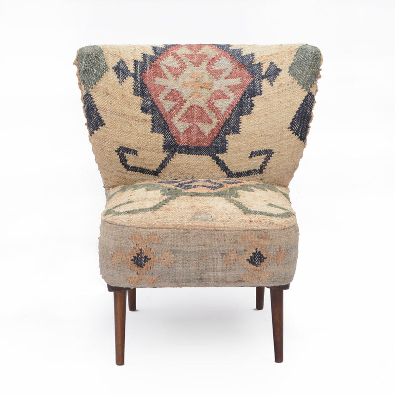 Hivvago 26 Inch Beige Blue and Red  Jute Southwestern Wingback Chair