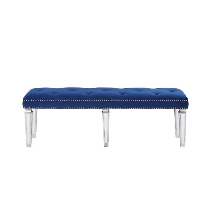 Bench with Button Tufted Seat and Mirrored Tapered Legs, Blue-Benzara