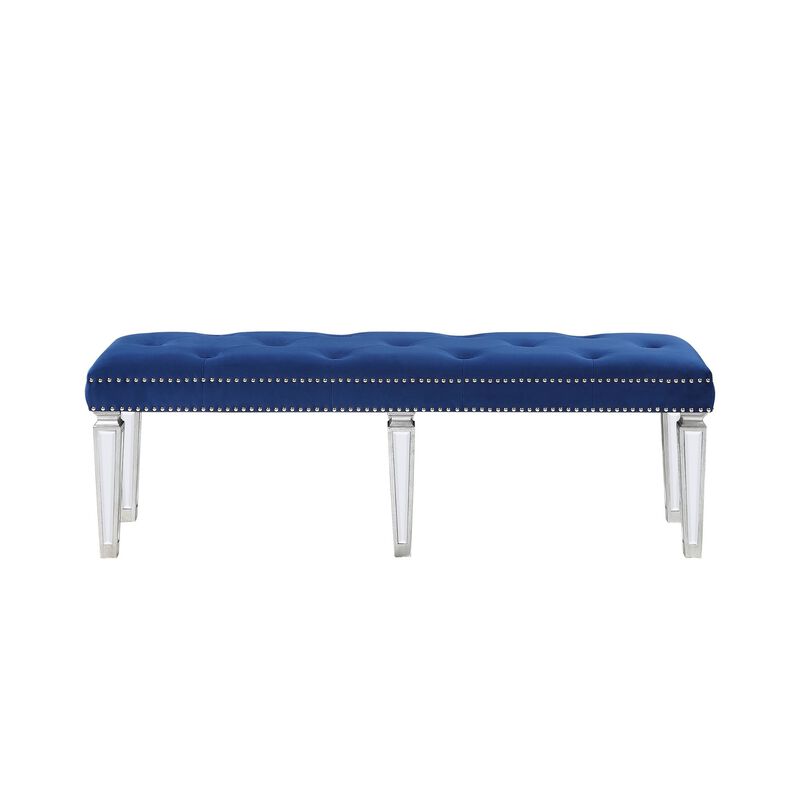 Bench with Button Tufted Seat and Mirrored Tapered Legs, Blue-Benzara image number 2